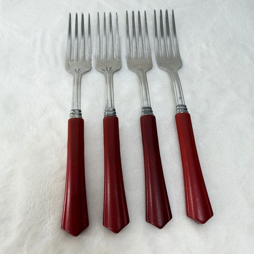 VTG Red Bakelite Handle‎ Dinner Forks Set of 4 Mid Century Retro MCM